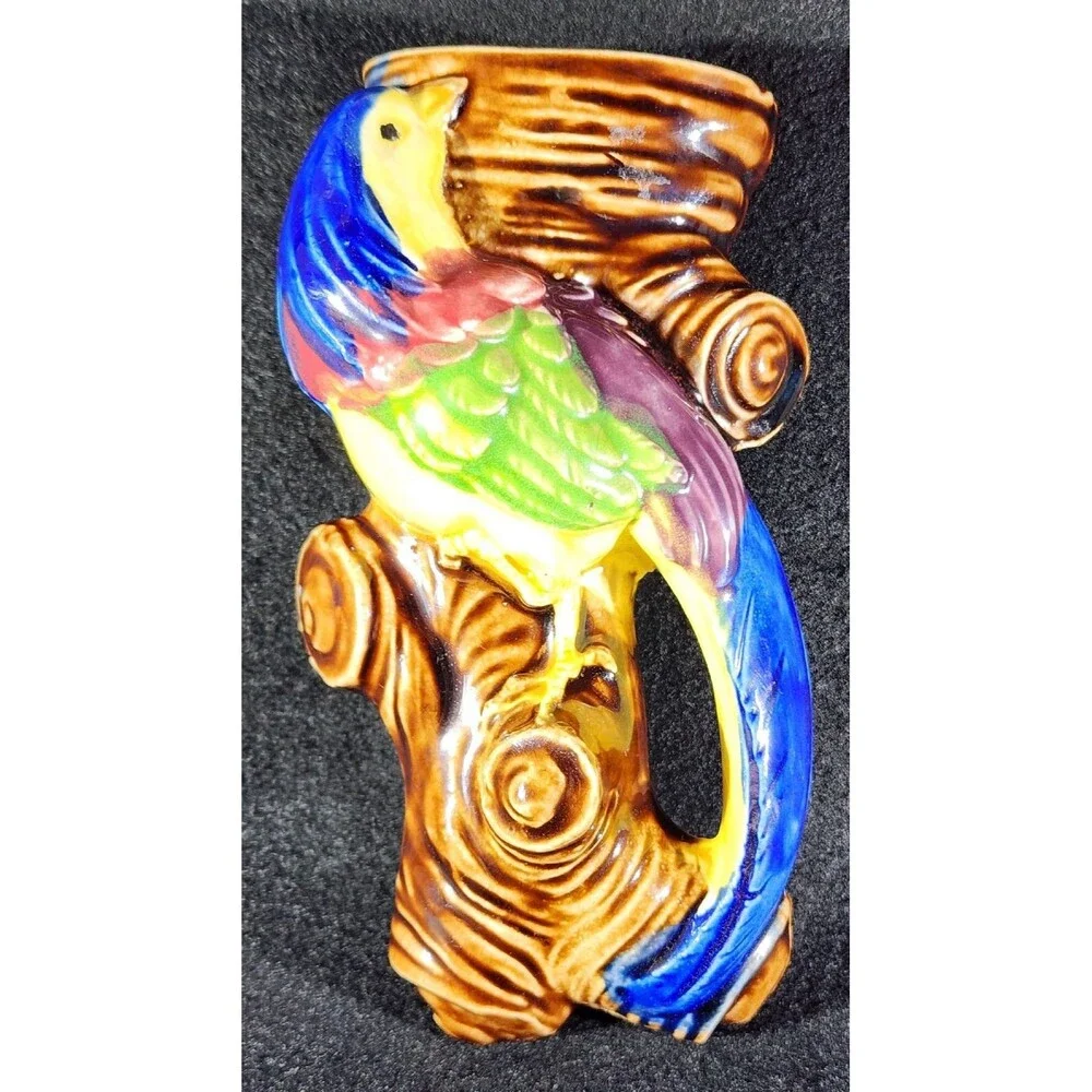 Vintage Tropical Bird Shaped Pottery Wall Pocket Planter ~ Japan